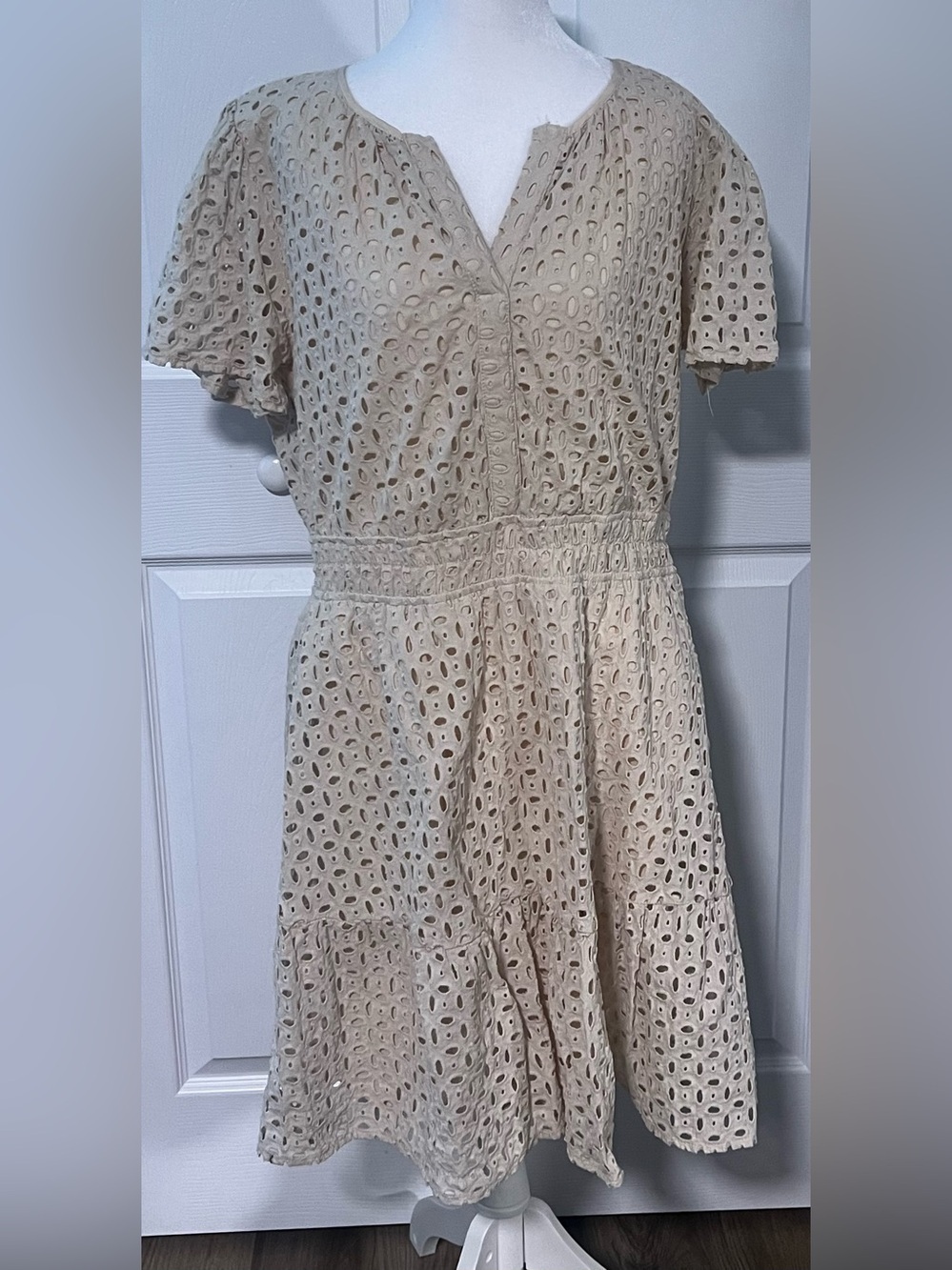 PRETTYGARDEN Summer Short Sleeve V Neck Hollow Out Eyelet Ruffle Mini Dress